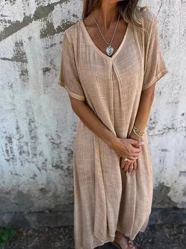 Triplechic™ Women’s Loose V-Neck Cotton Linen Dress