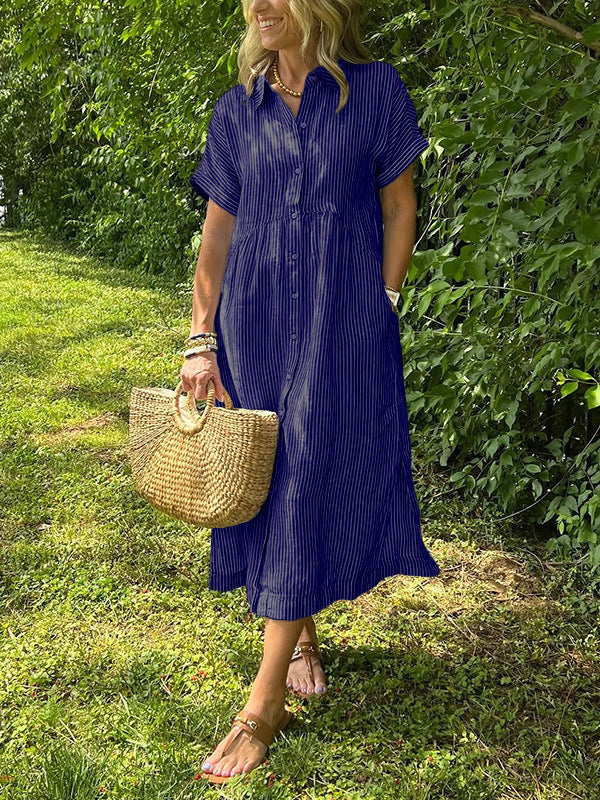 Triplechic™ Striped Lapel Button-Down Shirt Dress with Pockets