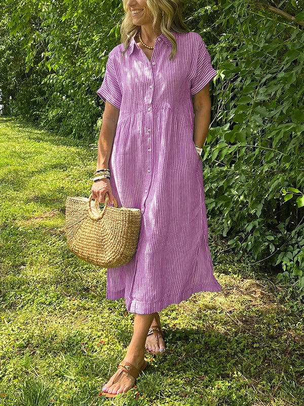Triplechic™ Striped Lapel Button-Down Shirt Dress with Pockets