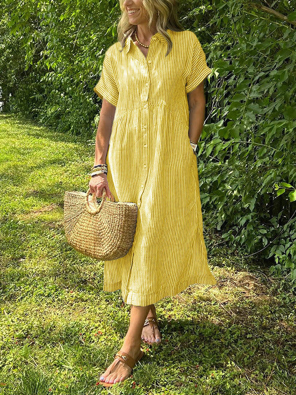 Triplechic™ Striped Lapel Button-Down Shirt Dress with Pockets