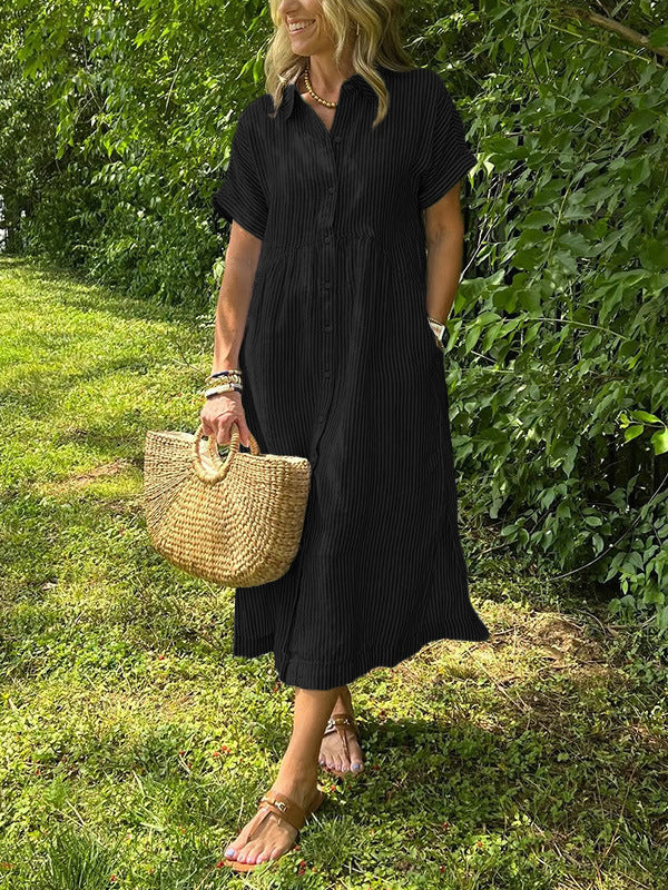 Triplechic™ Striped Lapel Button-Down Shirt Dress with Pockets
