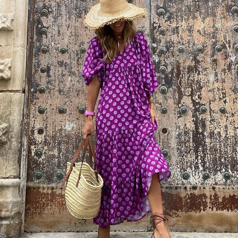 Triplechic™ Elegantes Boho-Maxikleid mit Puffärmeln und Blumenmuster