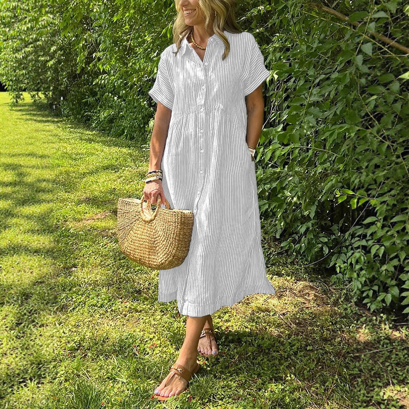 Triplechic™ Striped Lapel Button-Down Shirt Dress with Pockets