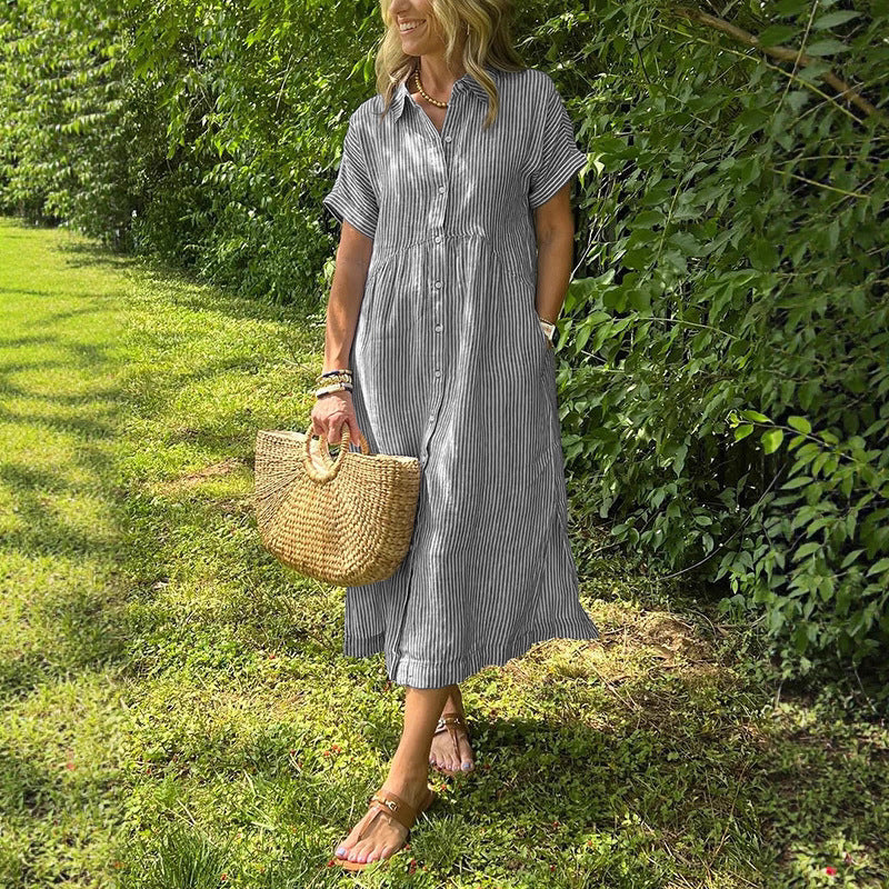 Triplechic™ Striped Lapel Button-Down Shirt Dress with Pockets