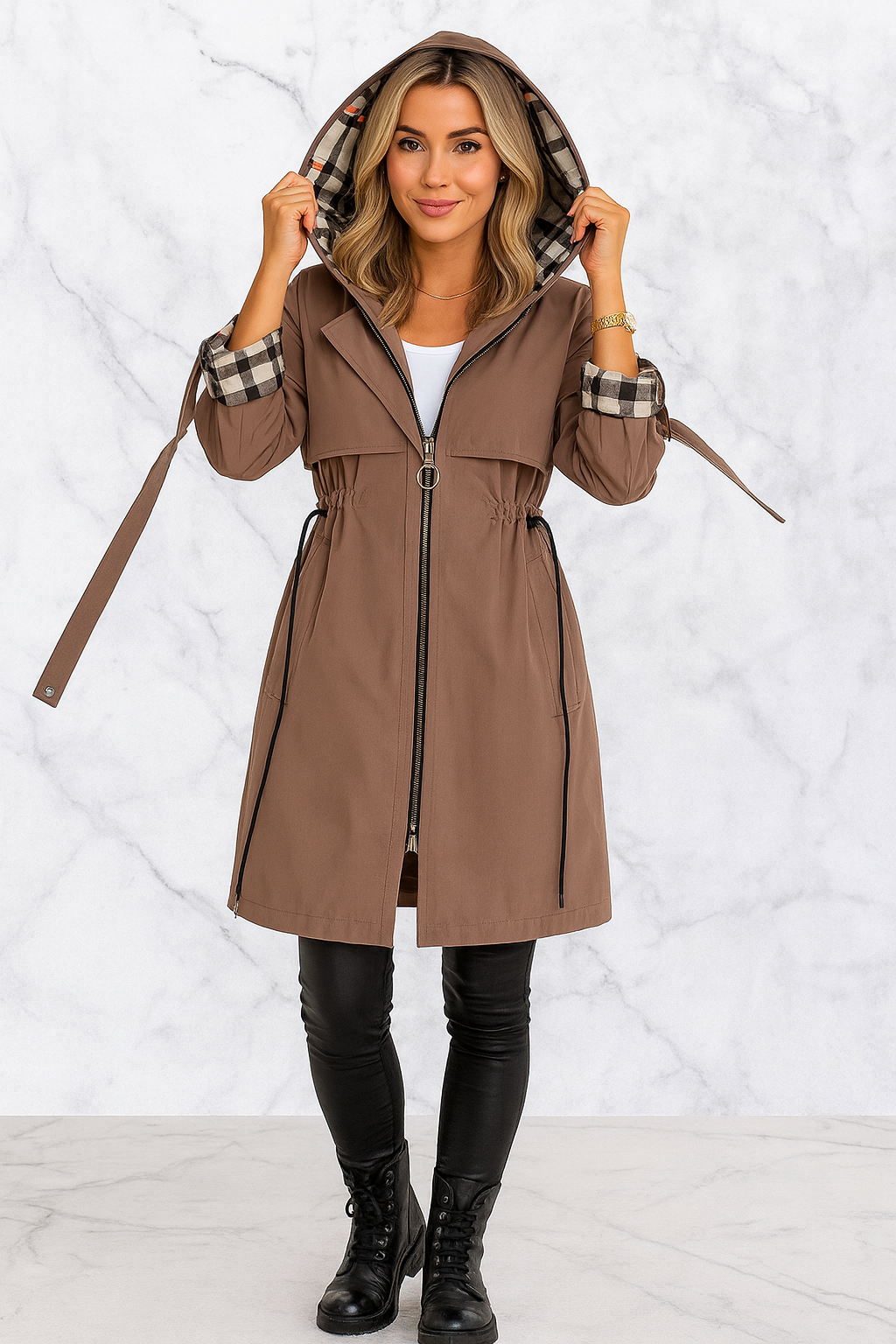 Triplechic™ Plaid Hooded Zip-Up Coat