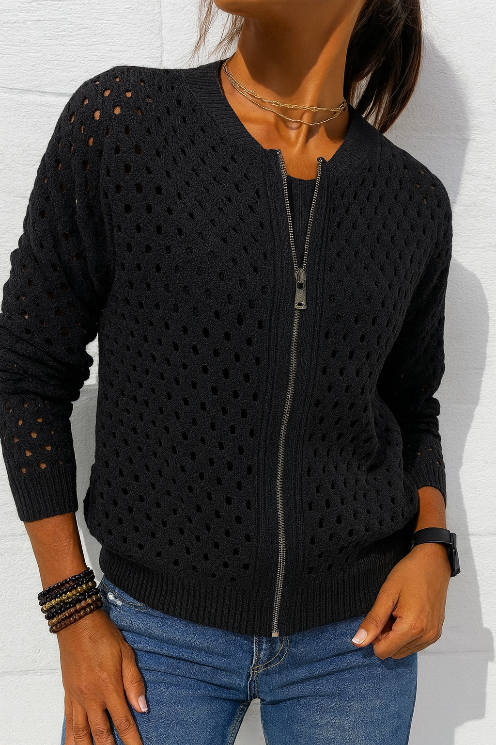 Triplechic™ Hollow Knit Zip Jacket