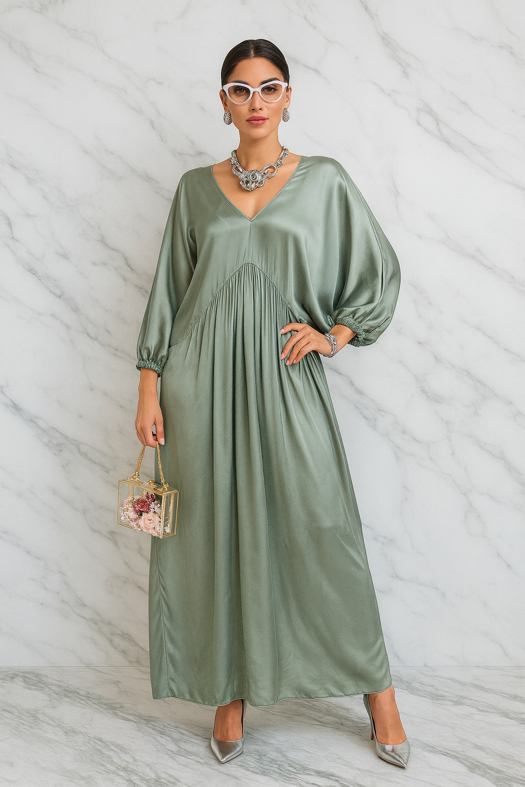 Triplechic™ Satin Ruffle Pleated Maxi Dress