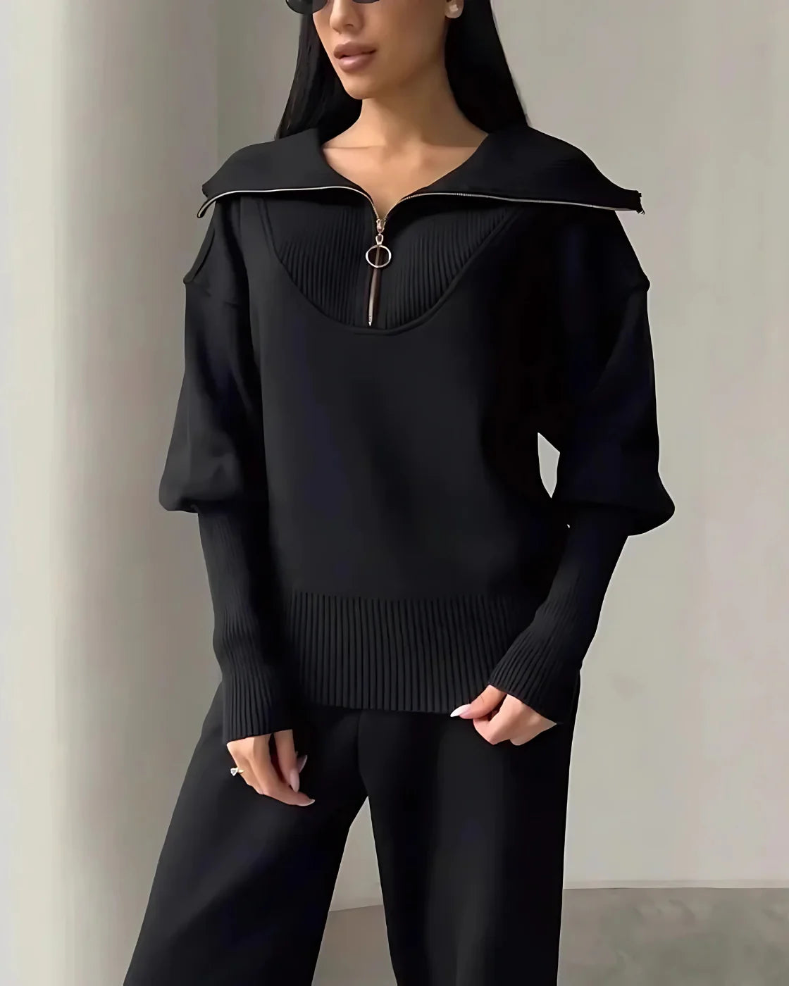 Triplechic™ Zip-Up Lapel Top & Drawstring Pants Set