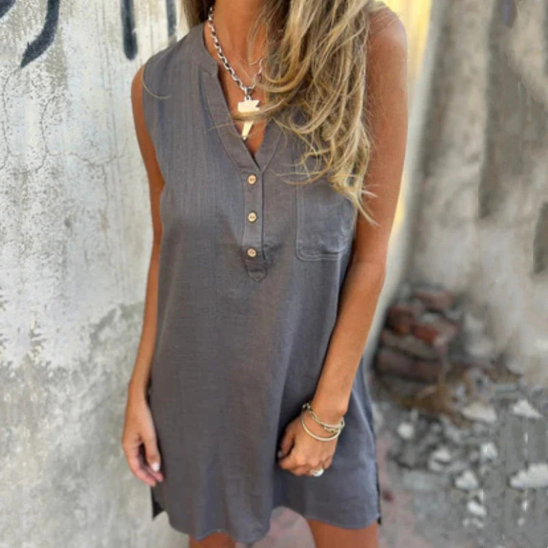 Triplechic™ Sleeveless Dress with Buttons and Pockets