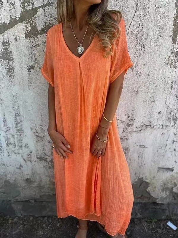 Triplechic™ Women’s Loose V-Neck Cotton Linen Dress