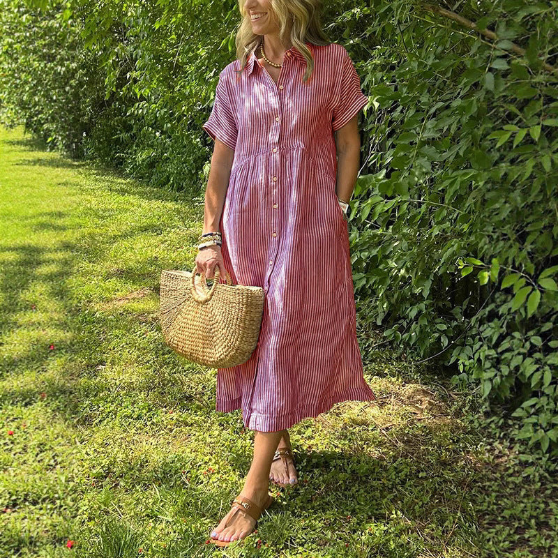 Triplechic™ Striped Lapel Button-Down Shirt Dress with Pockets