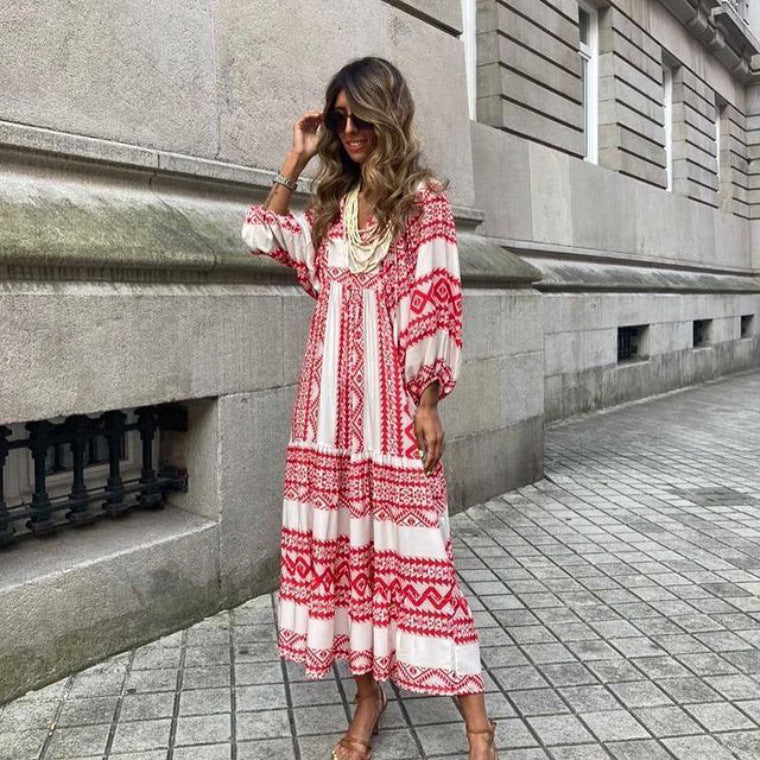 Triplechic™ Elegantes Boho-Maxikleid mit Puffärmeln und Blumenmuster