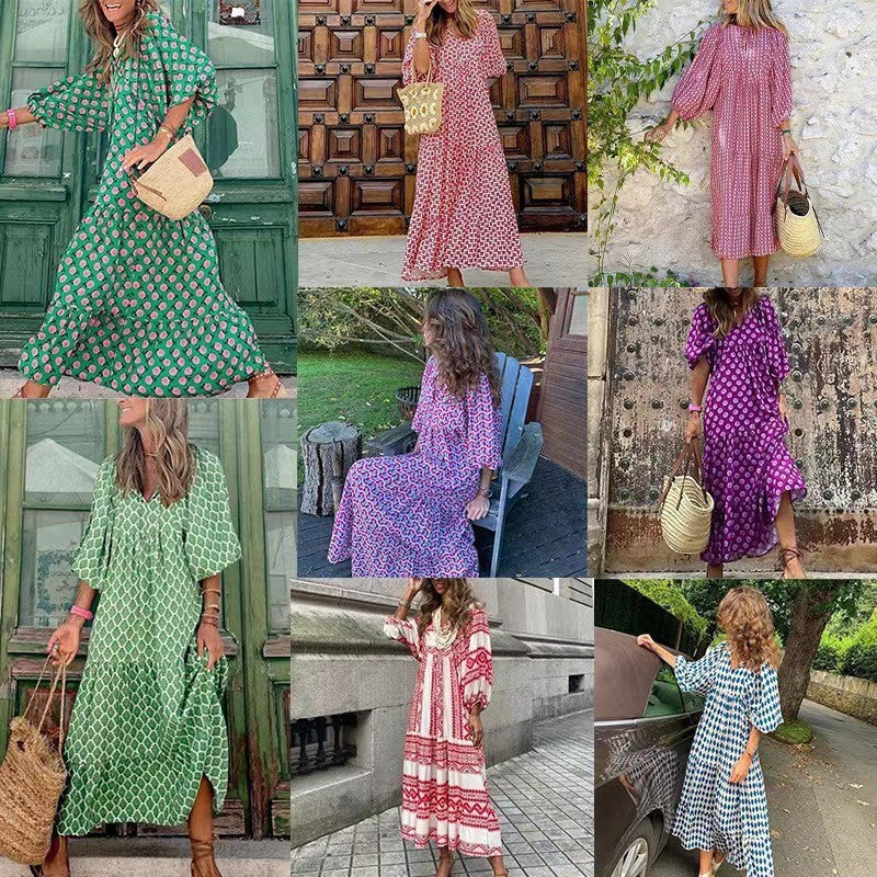 Triplechic™ Elegantes Boho-Maxikleid mit Puffärmeln und Blumenmuster