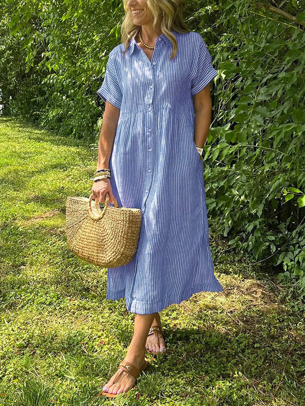 Triplechic™ Striped Lapel Button-Down Shirt Dress with Pockets