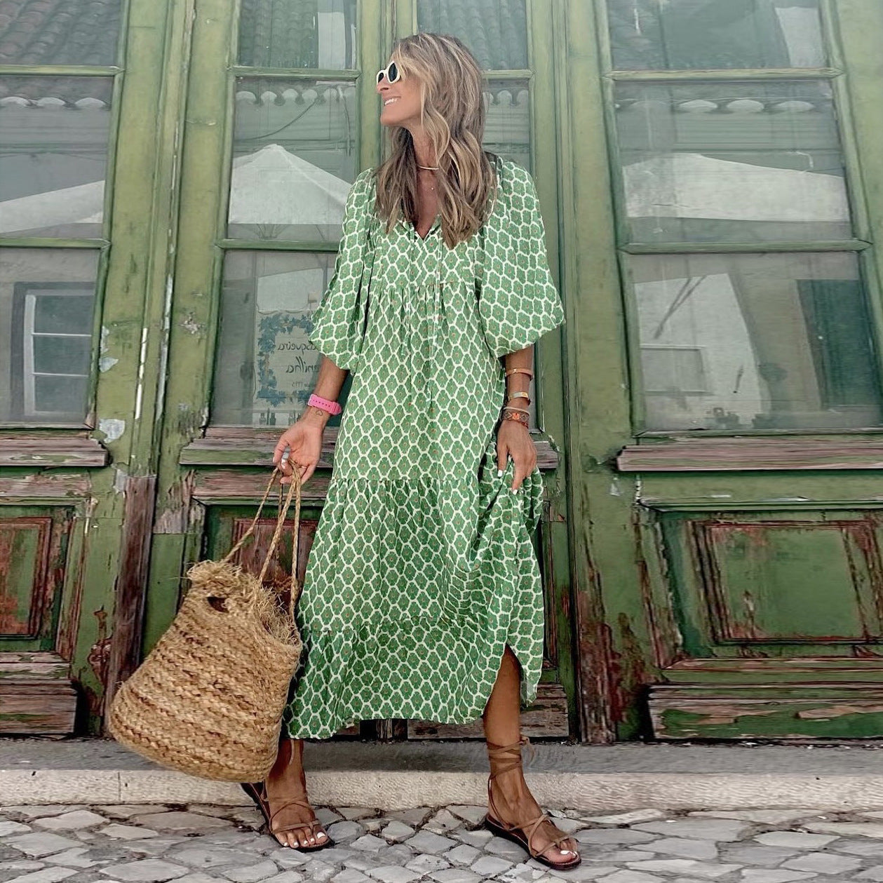 Triplechic™ Elegantes Boho-Maxikleid mit Puffärmeln und Blumenmuster