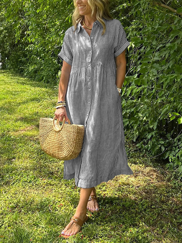 Triplechic™ Striped Lapel Button-Down Shirt Dress with Pockets