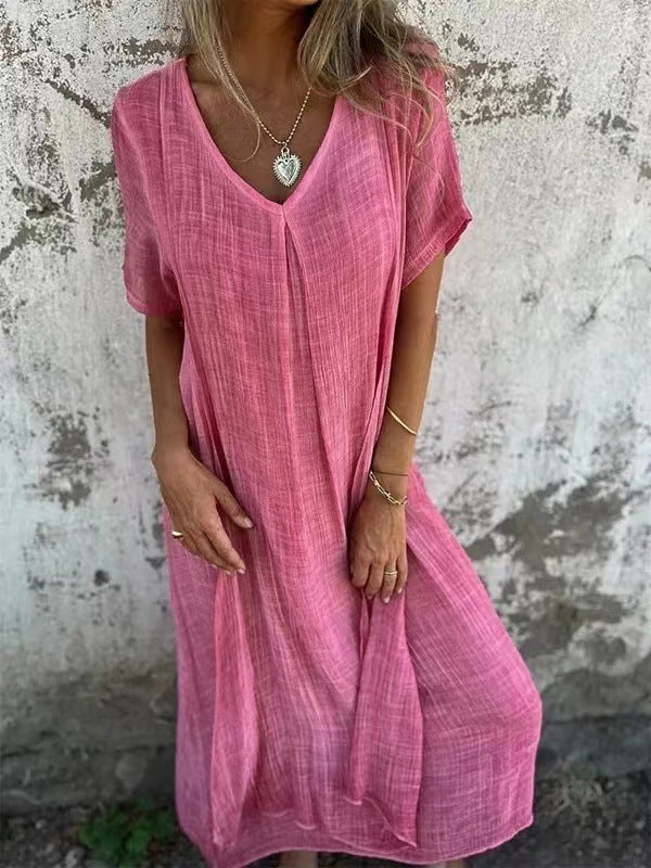 Triplechic™ Women’s Loose V-Neck Cotton Linen Dress