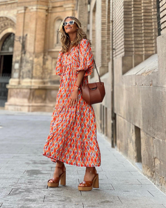 Triplechic™ Elegantes Boho-Maxikleid mit Puffärmeln und Blumenmuster