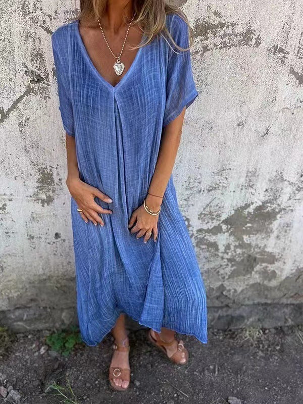 Triplechic™ Women’s Loose V-Neck Cotton Linen Dress