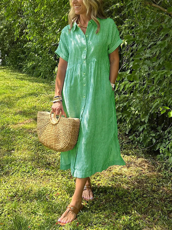 Triplechic™ Striped Lapel Button-Down Shirt Dress with Pockets