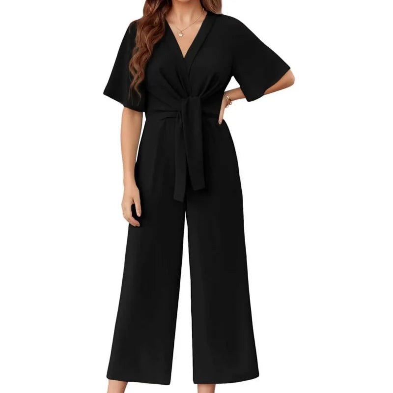 Triplechic™ Elegant V-Neck Wide-Leg Waist Tie Jumpsuit