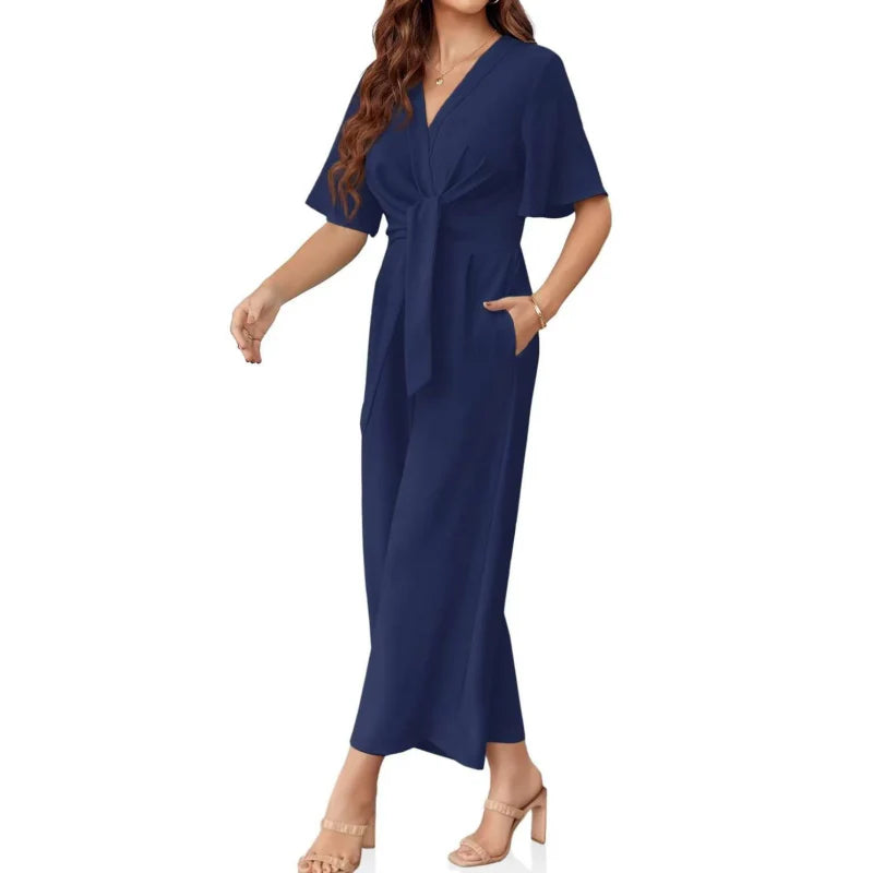 Triplechic™ Elegant V-Neck Wide-Leg Waist Tie Jumpsuit