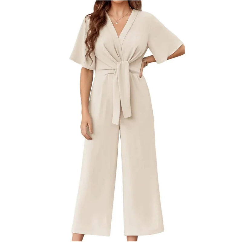 Triplechic™ Elegant V-Neck Wide-Leg Waist Tie Jumpsuit