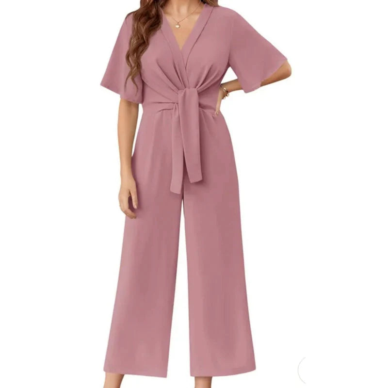 Triplechic™ Elegant V-Neck Wide-Leg Waist Tie Jumpsuit