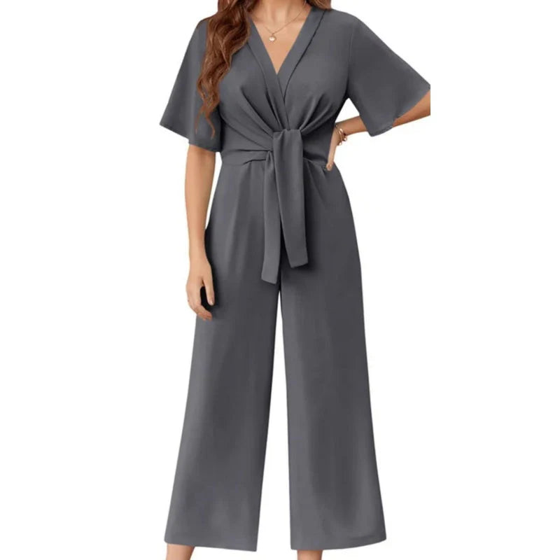 Triplechic™ Elegant V-Neck Wide-Leg Waist Tie Jumpsuit