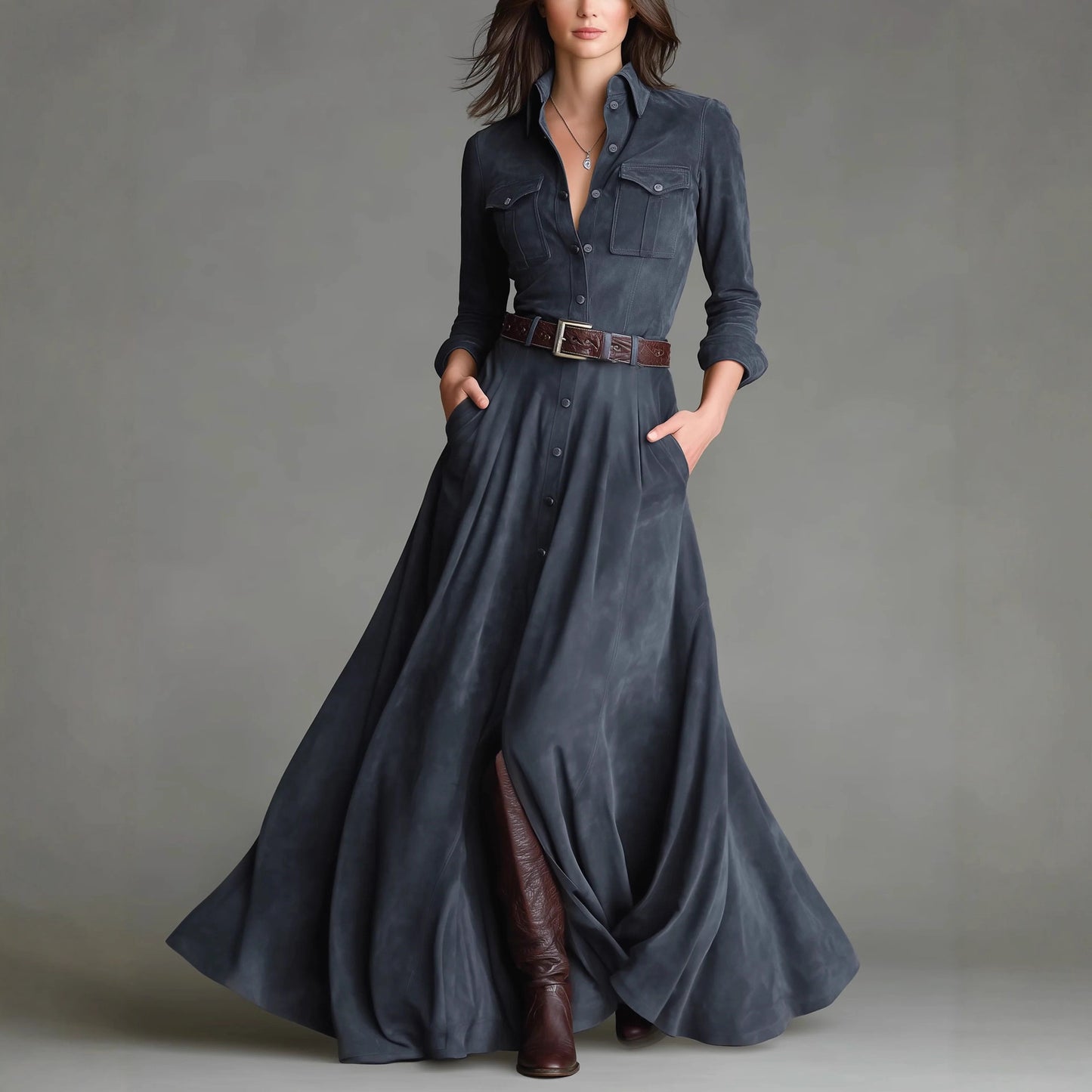 Triplechic™ Suede Collar Shirt Dress