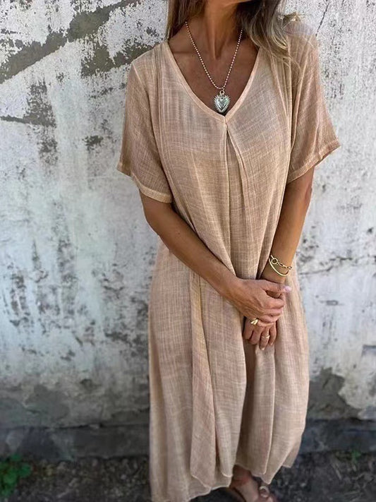 Triplechic™ Women’s Loose V-Neck Cotton Linen Dress