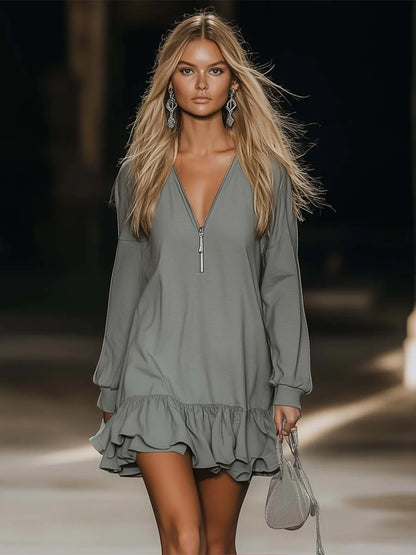 Triplechic™ Zipper V-Neck Mini Dress