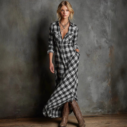 Triplechic™ Plaid Lapel Long Sleeve Dress