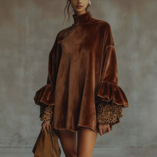 Triplechic™ Gold Velvet Leopard Turtleneck Dress