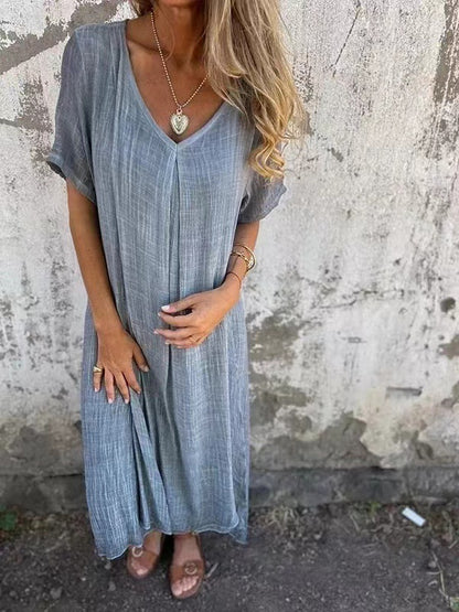 Triplechic™ Women’s Loose V-Neck Cotton Linen Dress