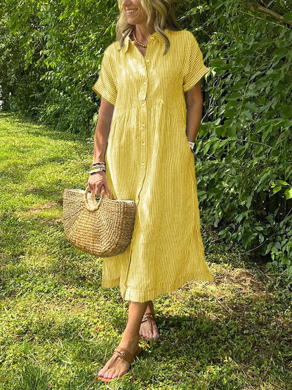 Triplechic™ Striped Lapel Button-Down Shirt Dress with Pockets