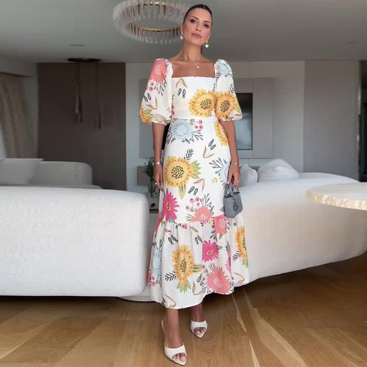 Triplechic™ Puff Sleeve Printed Stitch Dress