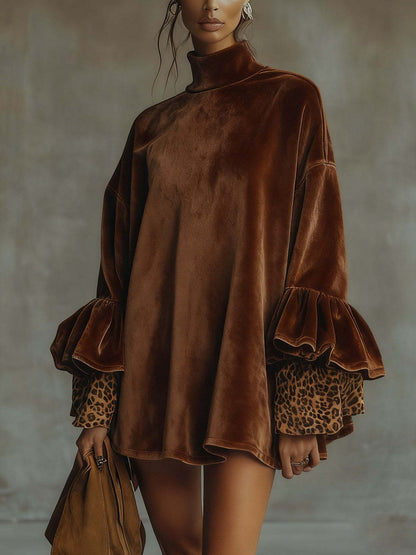 Triplechic™ Gold Velvet Leopard Turtleneck Dress