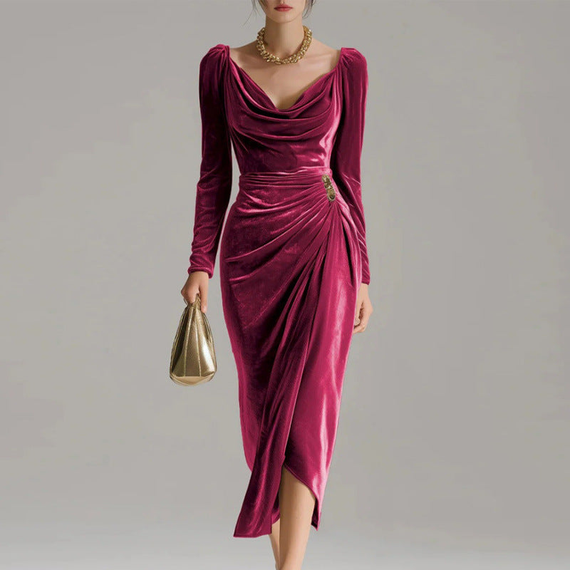 Triplechic™ Velvet Pleated Slit Dress