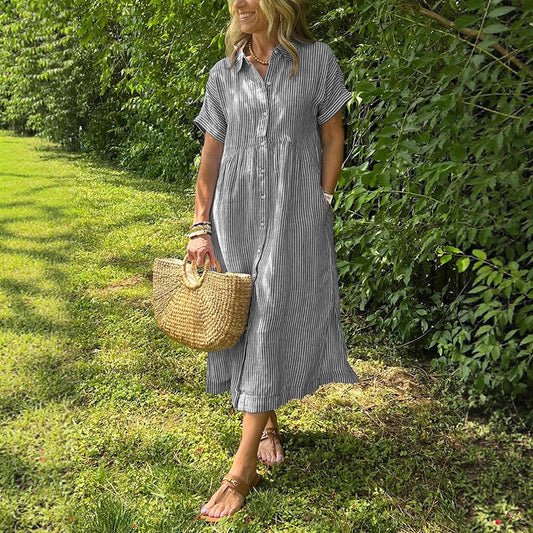 Triplechic™ Striped Lapel Button-Down Shirt Dress with Pockets