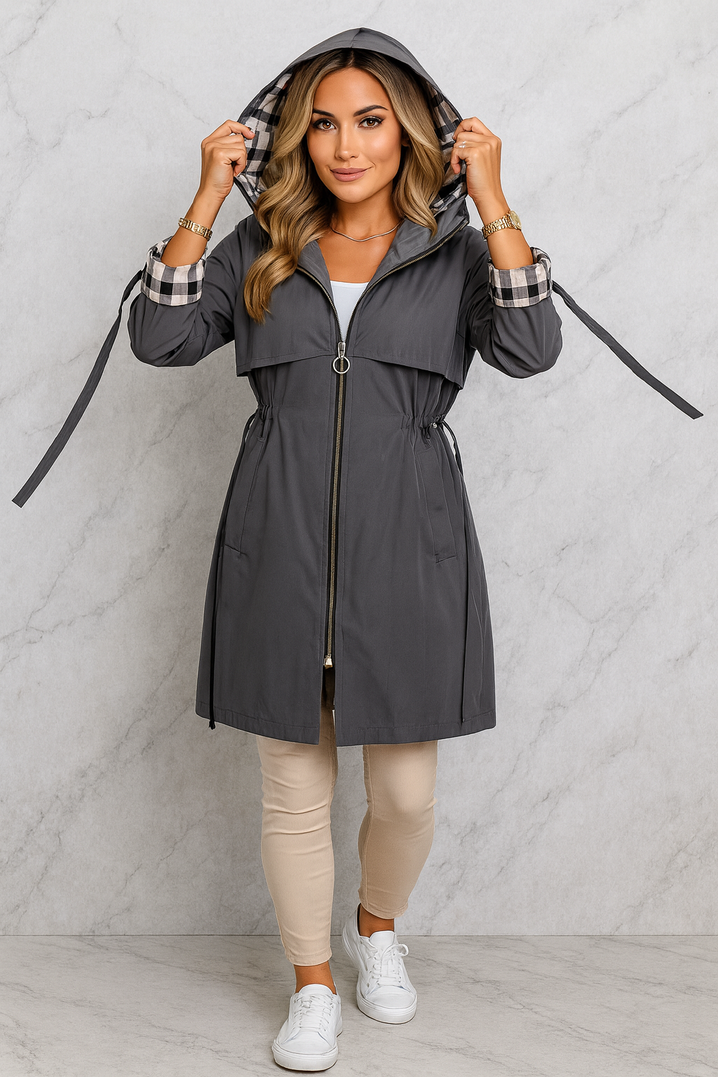 Triplechic™ Plaid Hooded Zip-Up Coat