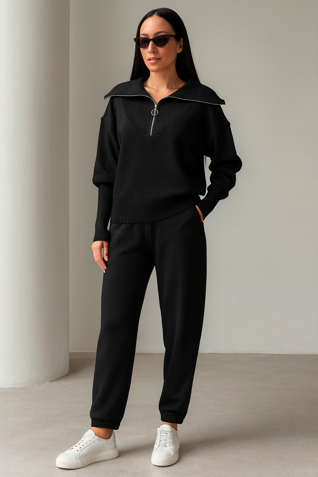 Triplechic™ Zip-Up Lapel Top & Drawstring Pants Set