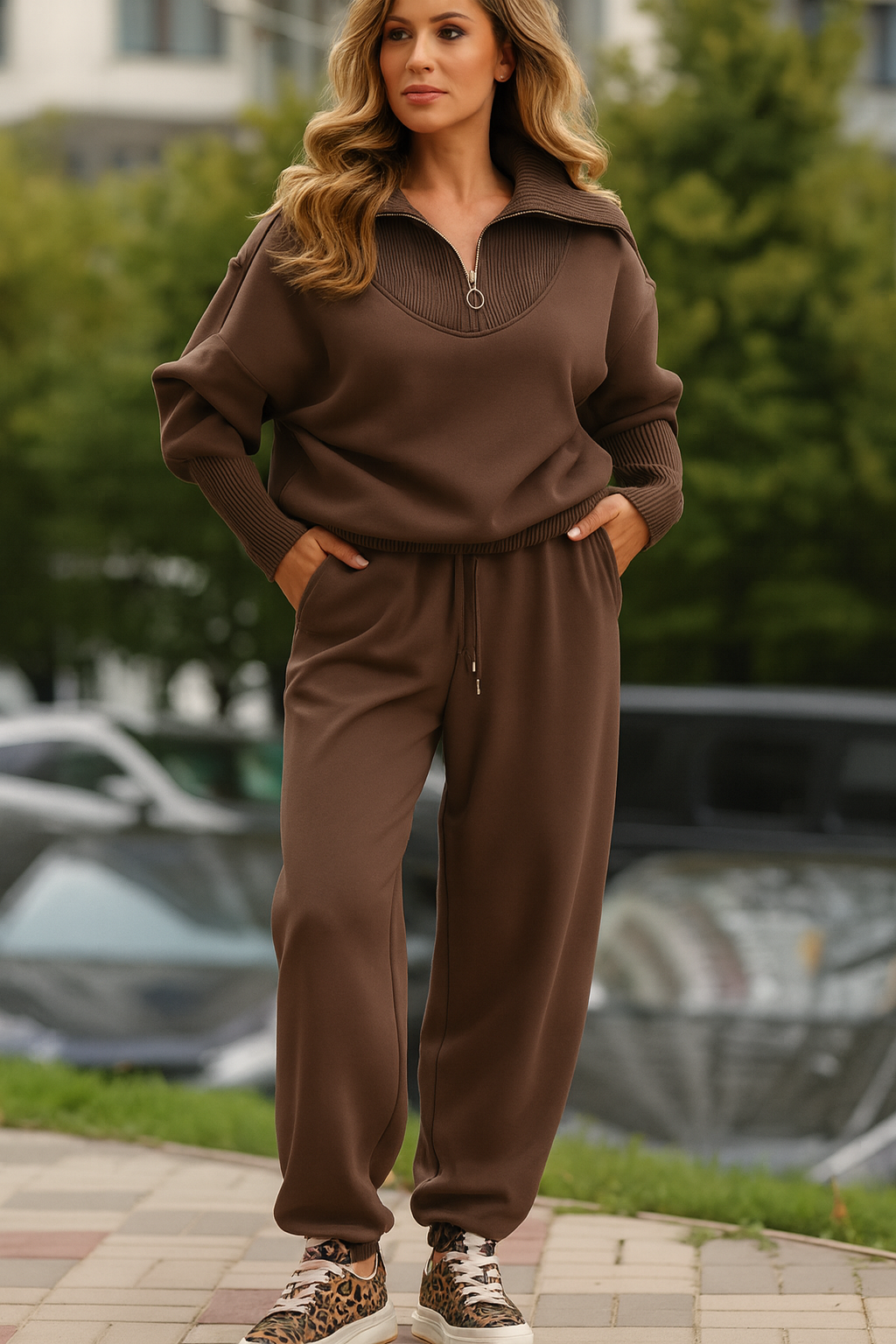 Triplechic™ Zip-Up Lapel Top & Drawstring Pants Set