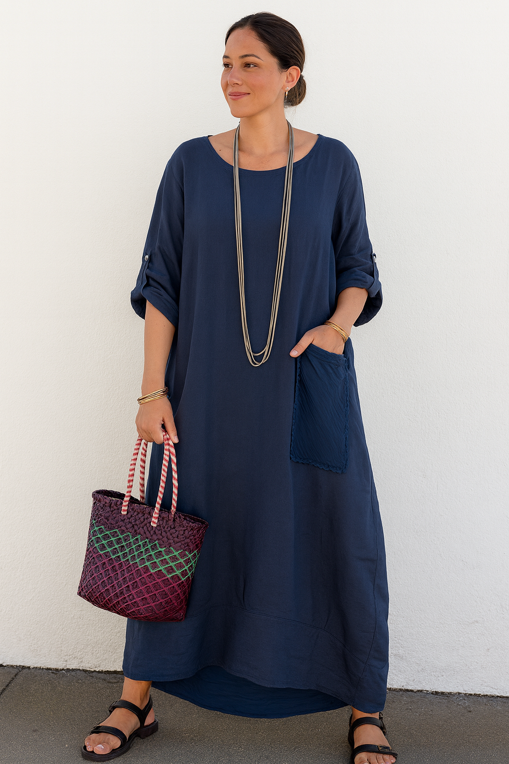 Triplechic™ Cotton-Linen Ribbon Pocket Dress