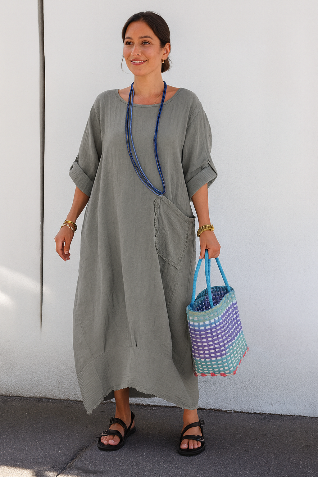 Triplechic™ Cotton-Linen Ribbon Pocket Dress