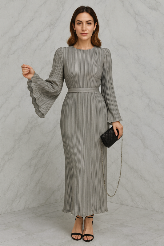 Triplechic™ Elegant Pleated Bell-Sleeve Dress