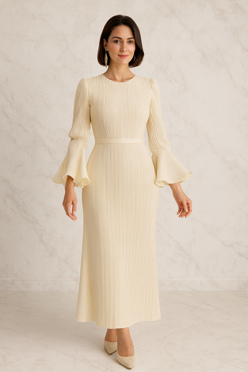 Triplechic™ Elegant Pleated Bell-Sleeve Dress