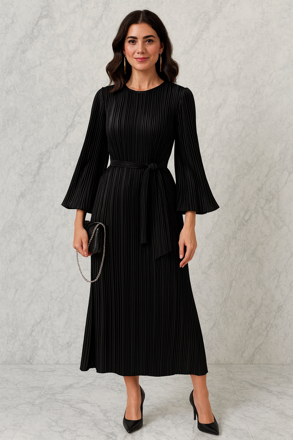 Triplechic™ Elegant Pleated Bell-Sleeve Dress