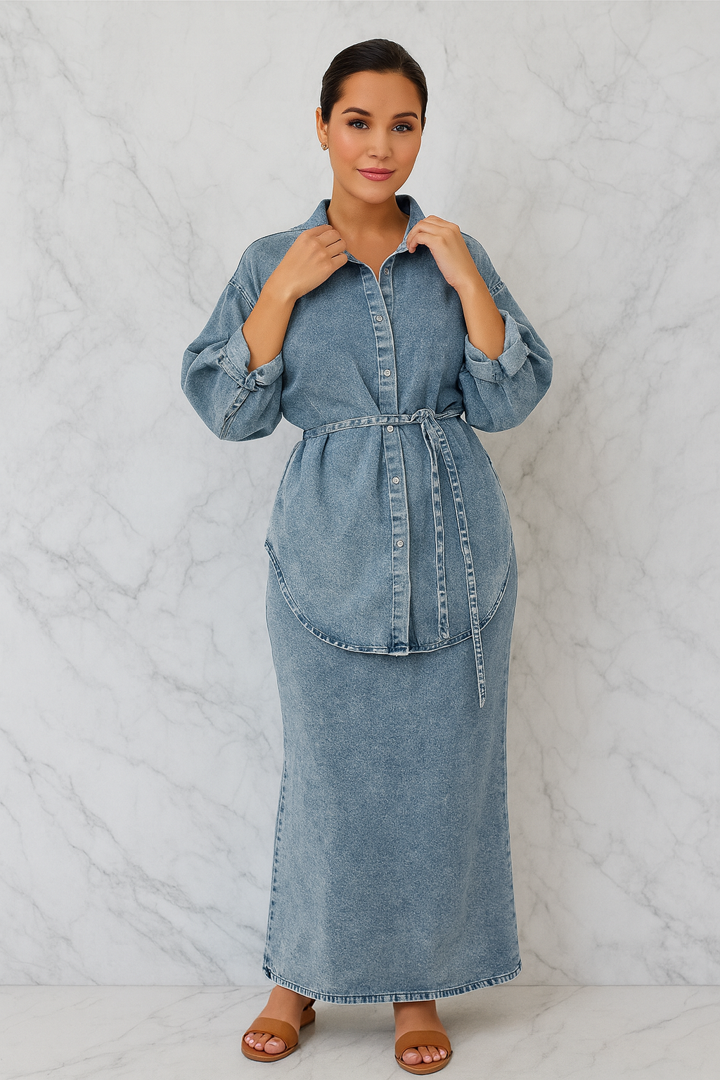 Triplechic™ Belted Denim Skirt Set