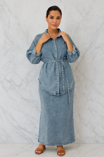 Triplechic™ Belted Denim Skirt Set